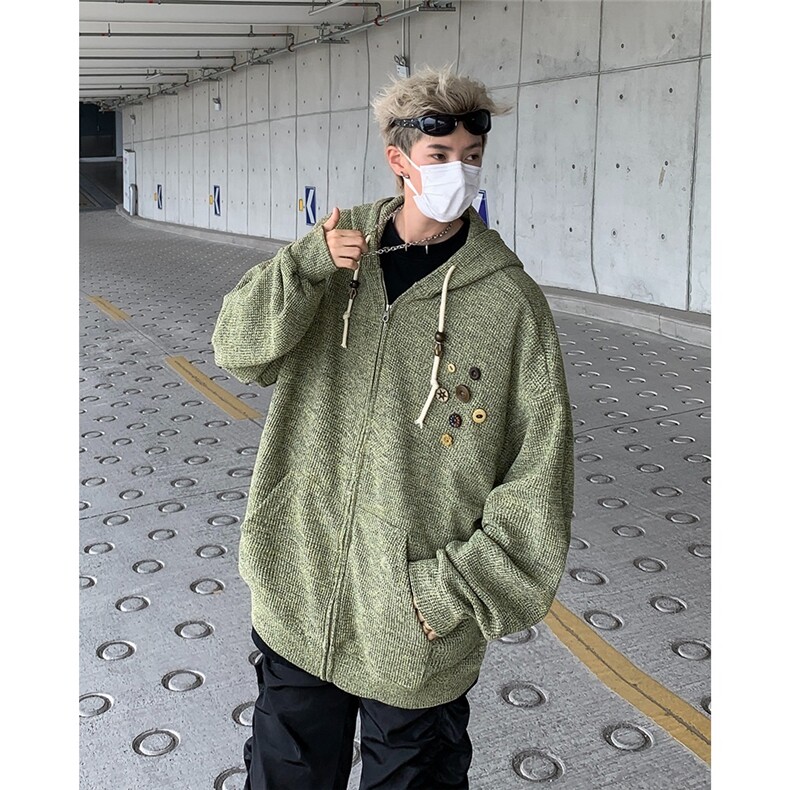 美式复古设计感针织连帽外套男女小众早春慵懒卫衣开衫潮牌,女装短外套,星座506A