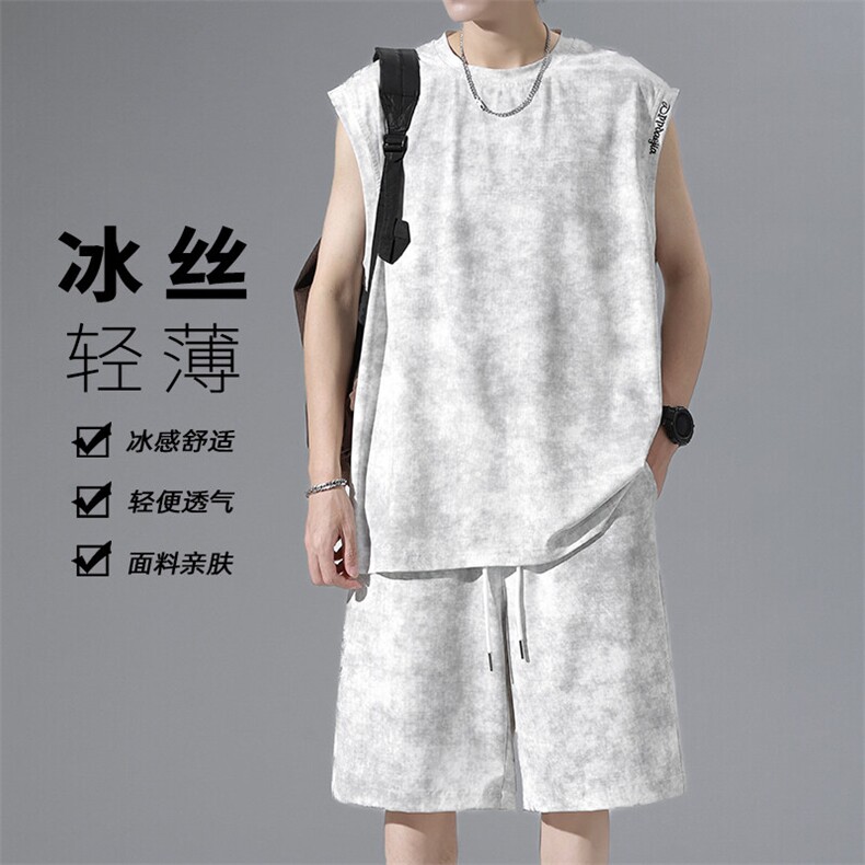 特批P48无差价扎染字母刺绣大码冰丝休闲背心短裤两件套男TZ5146，男装休闲套装，电商A001-1