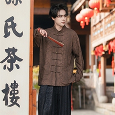 新品新中式风（大蛇）铜扣盘扣立领蛇年复古棉麻烫印长袖衬衫，男装衬衫，星座305A（原312A-1）