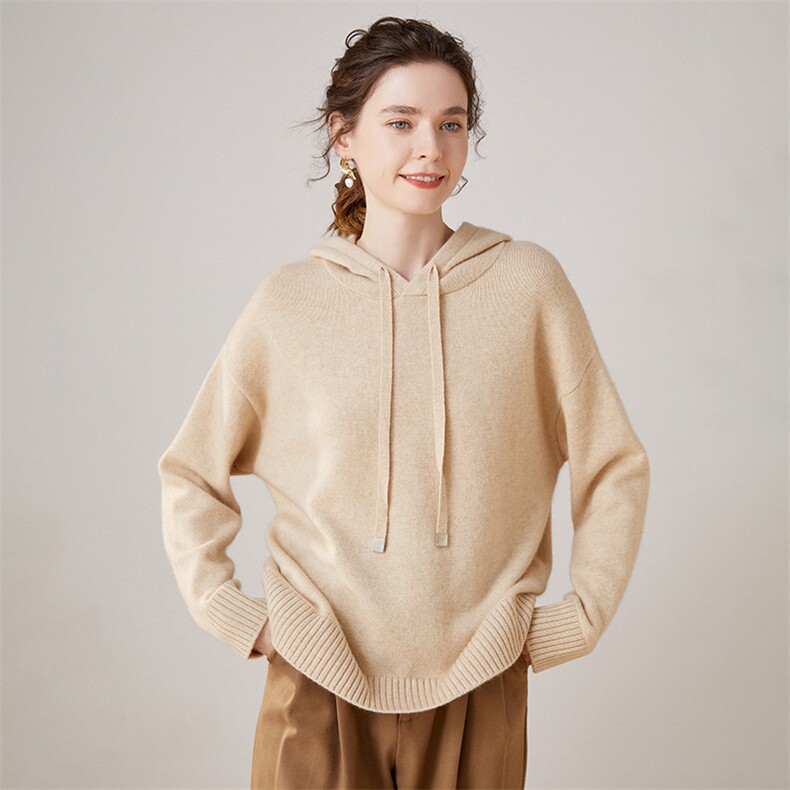 HE|7针2股加厚baby山羊绒帽衫女连帽针织卫衣宽松落肩袖毛衣，女装羊绒衫，珍丝贝尔