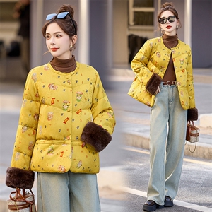 新中式国风羽绒服女2024冬季洋气独特别致超好看黄色印花保暖外套，女装羽绒服，润尚靓点