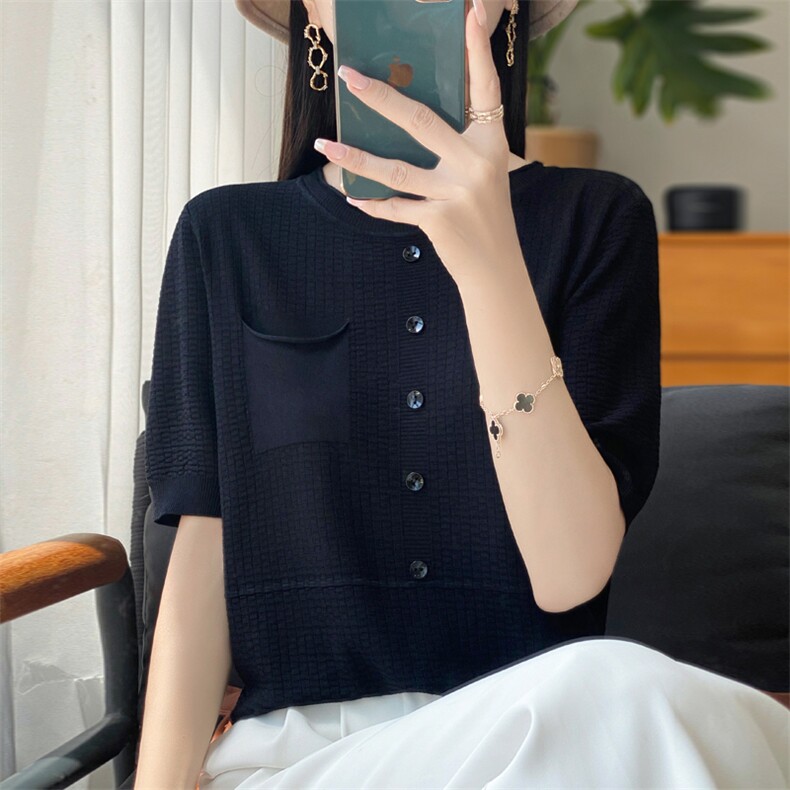 高级感冰丝针织短袖T恤女2025夏装新款带兜薄款上衣时尚百搭小衫,女装T恤,大美人包芯纱店