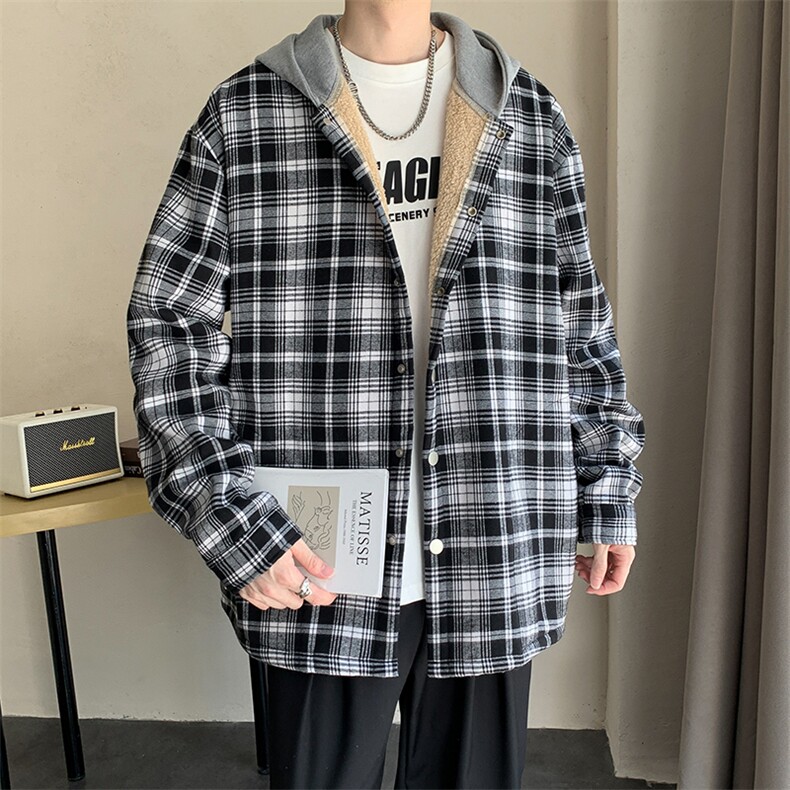 格子连帽外套男2024秋冬新款宽松休闲夹克男情侣衬衫外套J223-P60,男装夹克,星座505-3