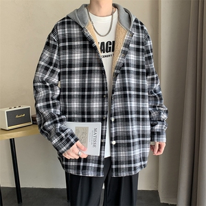 格子连帽外套男2024秋冬新款宽松休闲夹克男情侣衬衫外套J223-P60图片