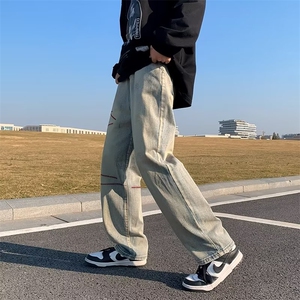 美式高街水洗做旧牛仔裤男ins潮牌直筒复古宽松休闲裤子NK715-P43图片