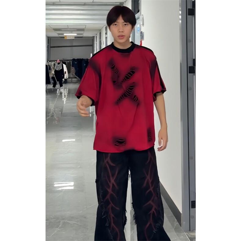 黑红拼接短袖男夏季欧美潮牌双层320g重磅t恤美式高街破洞五分袖,男装T恤,星座1005