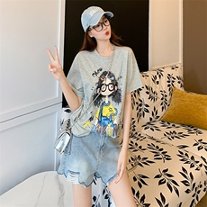 慵懒风休闲运动套装女夏新款百搭圆领短袖印花T恤牛仔短裤两件套，女装套装/套裙，2C310