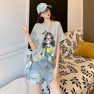 慵懒风休闲运动套装女夏新款百搭圆领短袖印花T恤牛仔短裤两件套图片