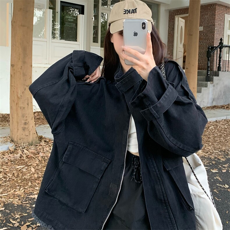 A424-P88春秋暗黑宽松百搭大口袋夹克牛仔百搭短外套，男装夹克，星座911