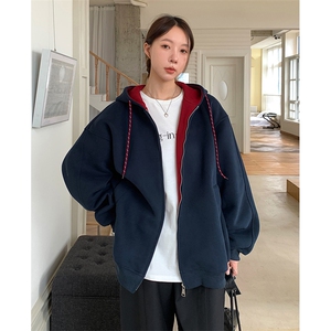 抖音得物二开美式高街重磅结构双层撞色连帽卫衣开衫外套W116图片
