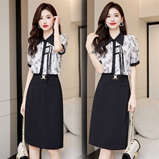 气质套装女夏新款复古盘扣洋气减龄印花衬衣修身包臀半身裙两件套，女装套装/套裙，火爆靓佳人