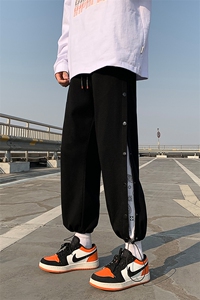 春季新款条纹拼接华夫格垂感排扣大码宽松休闲裤 A161-K7271-P55图片