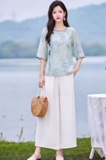 现货主推中式复古印花上衣阔腿裤两件套女新款宽松气质减龄套装，女装套装/套裙，韩蔻秀