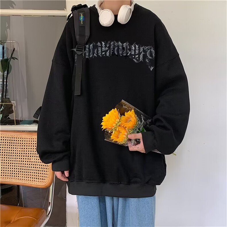 350g潮牌圆领宽松情侣长袖打底衫上衣服束口T恤卫衣Y10-P38网图，女装T恤，电商B245