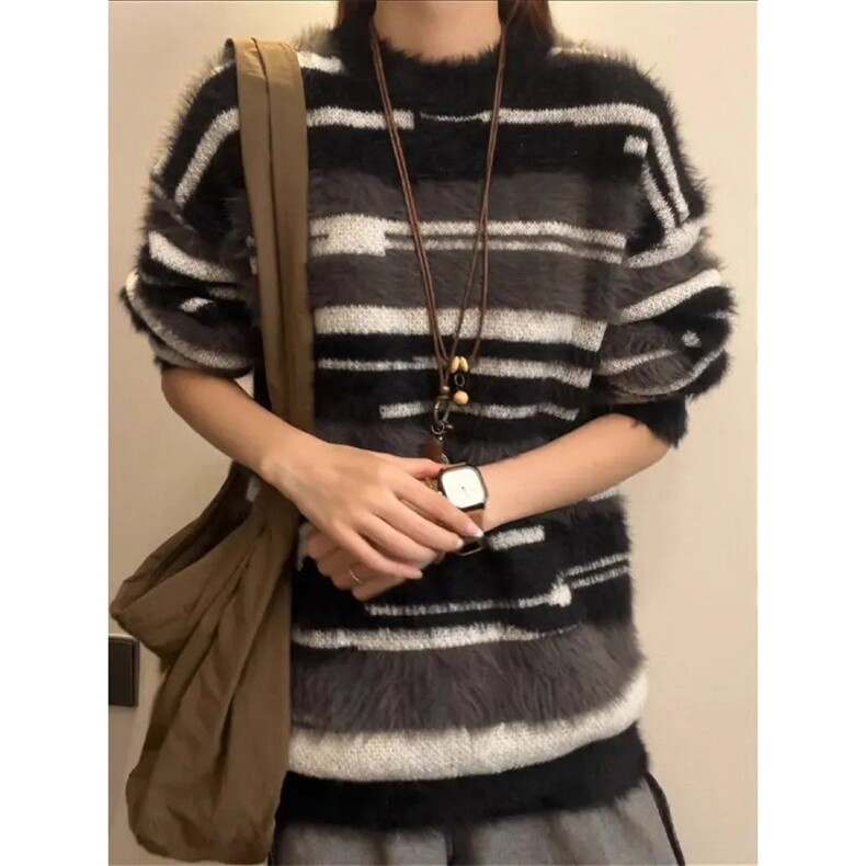 冬季加厚马海毛毛衣男款覆古慵懒风撞色条纹针织衫圆领内搭打底衫,男装T恤,星座506A
