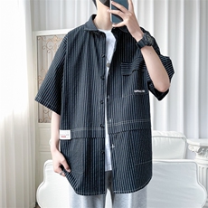 货足8XL-M条纹工装衬衫男2023夏季新款美式胖子短袖衬衣加肥加大，男装衬衫，钱塘717(原712)