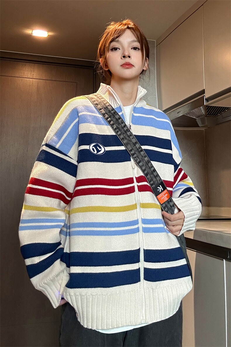 抖音主推1100克重磅条纹开衫毛衣刺绣针织衫男女G1068P88,男装针织衫/毛衣,电商A339