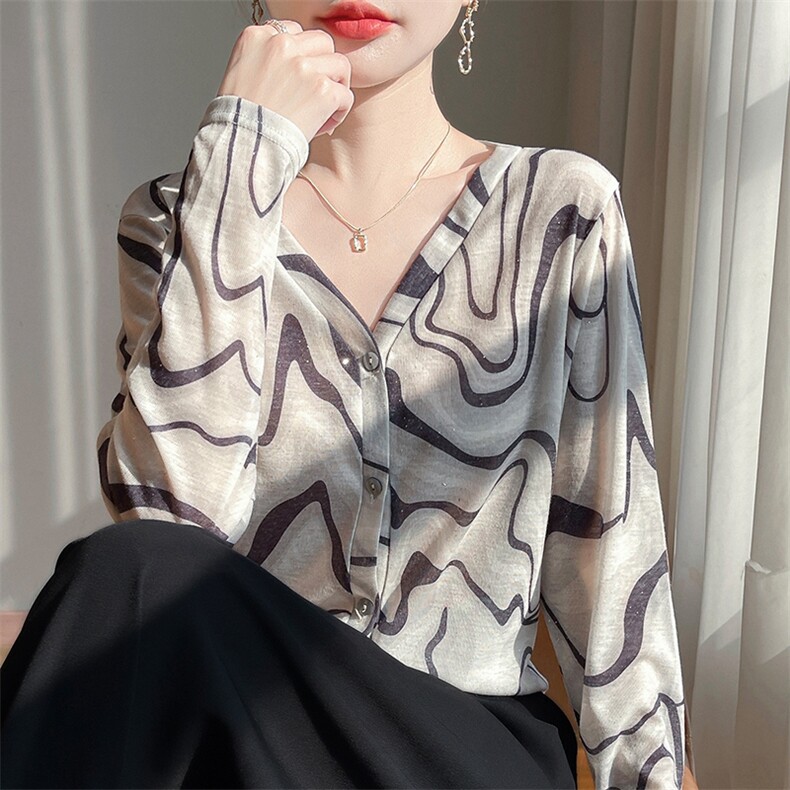 v领新款针织女长袖花色简约百搭宽松开衫上衣,针织衫/毛衣,绒宛羊绒
