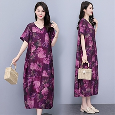 复古棉麻连衣裙女夏季2025新款洋气妈妈宽松休闲印花色遮肉直筒裙，女装连衣裙，香香