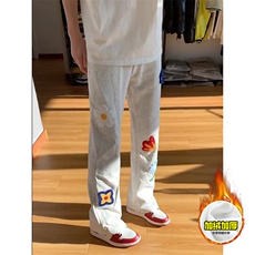 抖音得物高品质秋冬季重磅花卉刺绣潮流运动宽松加绒直筒休闲卫裤，男装休闲裤，电商A486