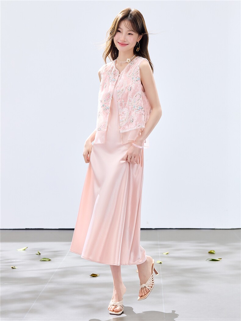 夏季新款现货！2026洋气时尚重工刺绣花马甲+珍珠吊带长裙套装女,女装套装/套裙,央宝儿