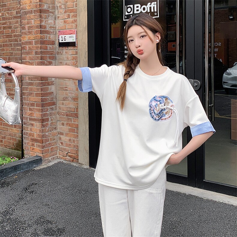 夏季新款定制凤凰刺绣T恤女宽松显瘦对扣中式上衣,女装T恤,鑫慧