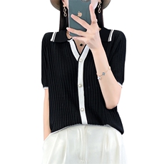 新款女装冰丝针织衫短袖翻领显瘦上衣时尚百搭夏季薄款开衫，女装针织衫/毛衣，萱芳婷羊绒