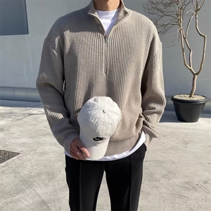 半高领拉链针织衫男美式复古宽松落肩长袖t恤慵懒风套头毛衣外套图片