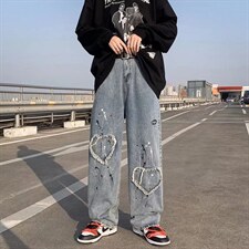 美式高街复古男嘻哈泼墨爱心贴布牛仔裤P33图片