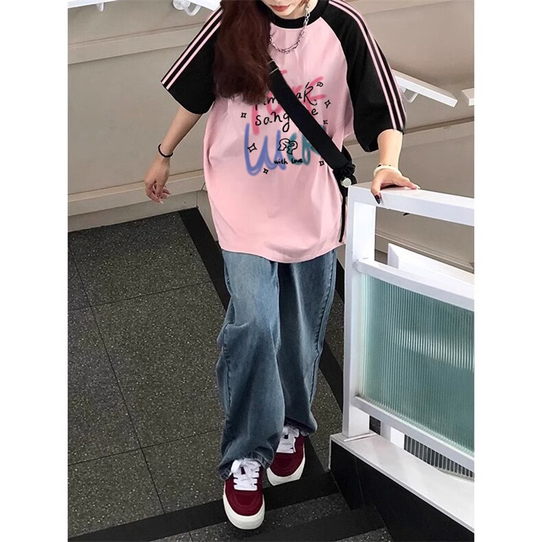 夏季美式高街重磅纯棉三条杠织带插肩撞色男女短袖T恤CZ127-特P25,男装T恤,电商A486
