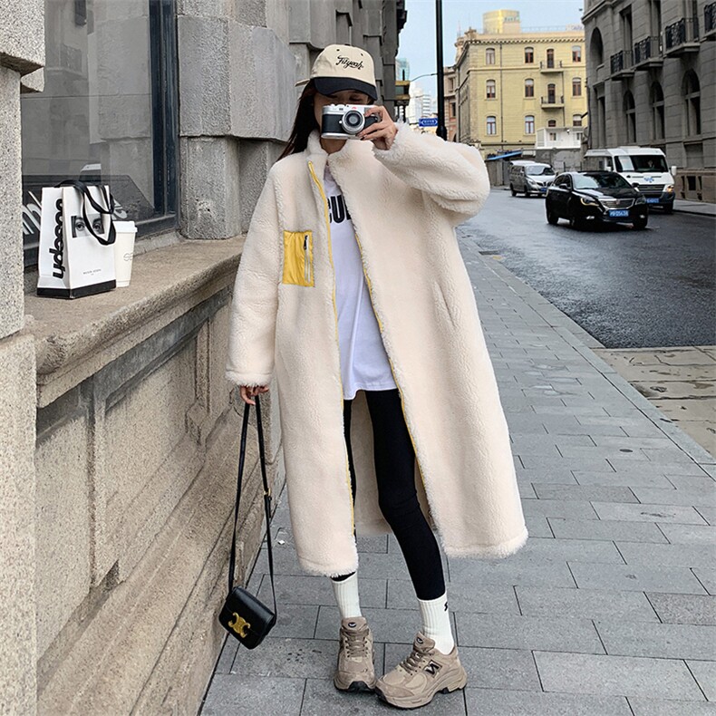 冬校园风拼色皮毛一体宽松加厚外套，女装羊羔毛/颗粒绒，菡迪欧娜