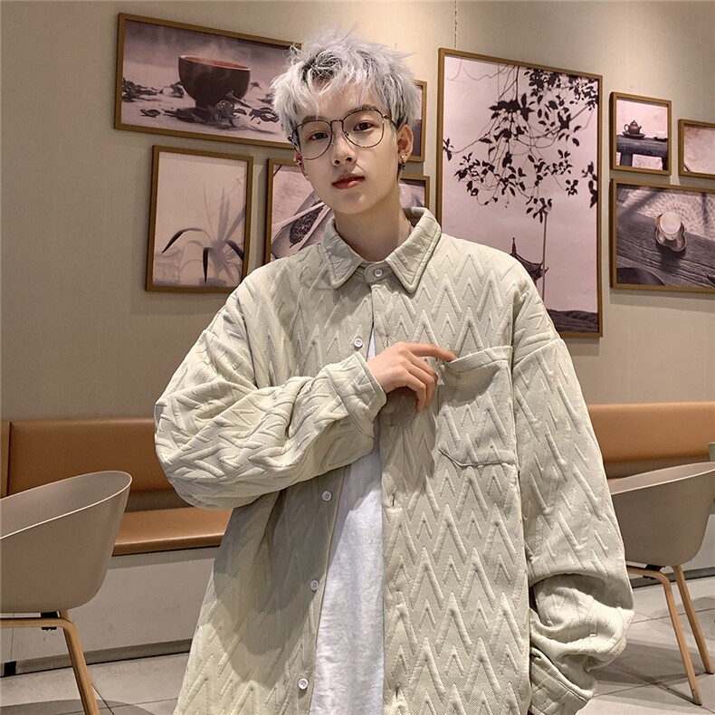 2025秋冬几何图案翻领大码衬衫港风男外套CS990/特P28杏色2,男装衬衫,电商A094