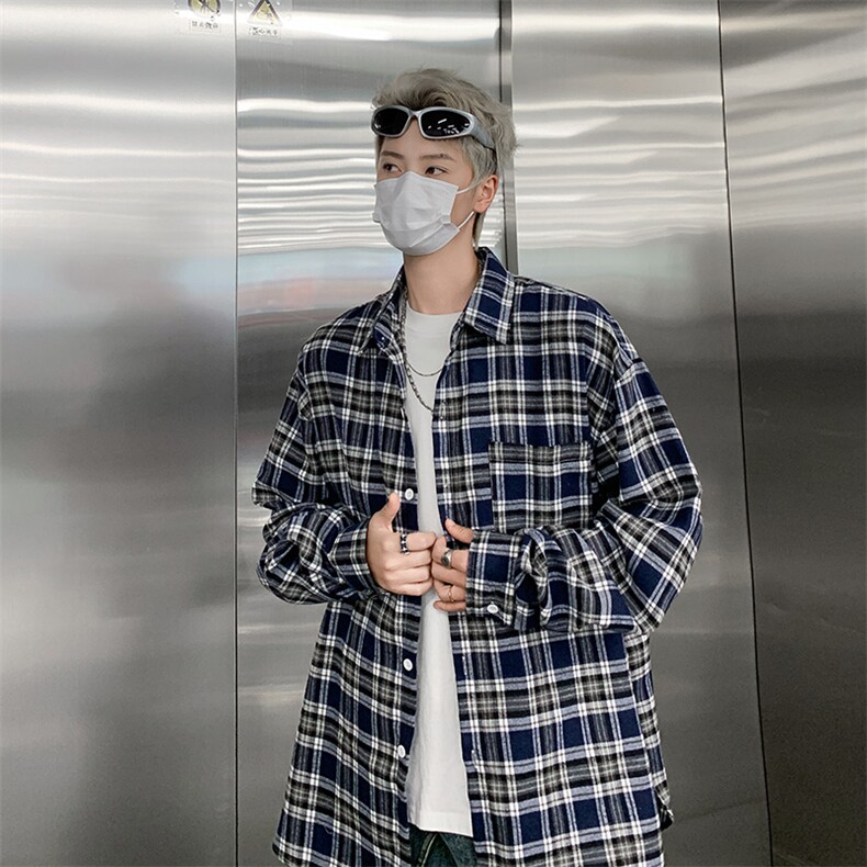 美式复古长袖衬衫男女宽松格子衬衣设计休闲外套上衣潮CS033-P40,男装衬衫,星座1008