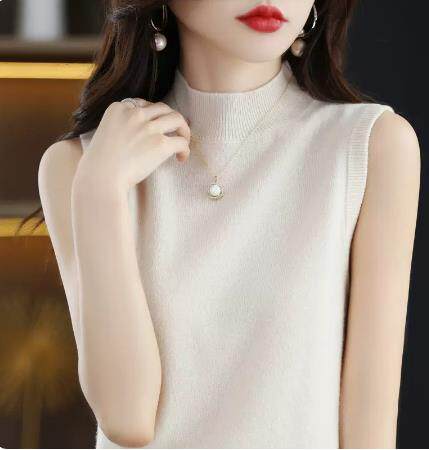 2025简约百搭时尚无袖半高针织衫，女装针织衫/毛衣，北娇羊绒
