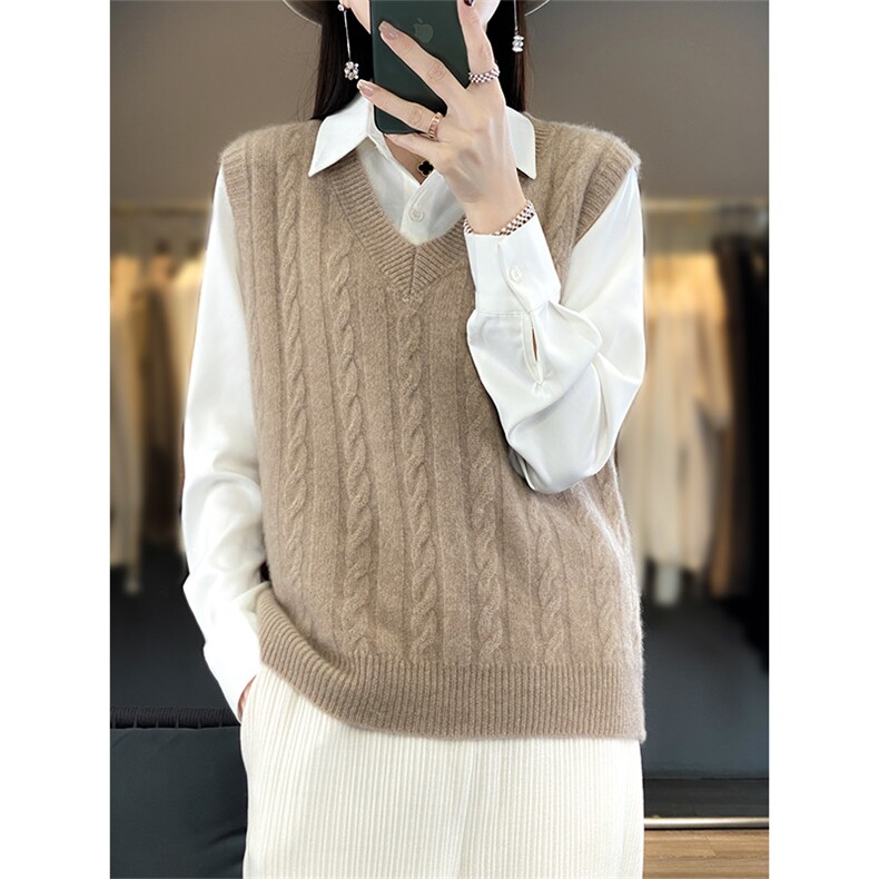 时尚百搭V领毛衣背心女宽松显瘦针织马甲外套秋冬季新款韩版上衣,女装马甲,绒汀羊绒