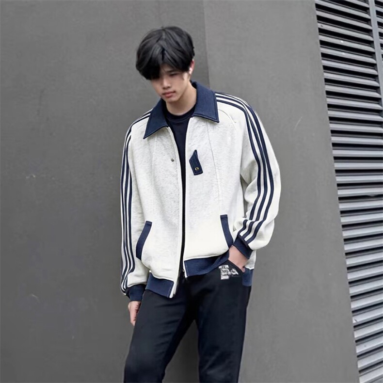 抖音得物品质秋冬美式高街重磅结构拼接织带翻领卫衣夹克外套W113,男装夹克,电商A486