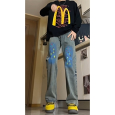 美式街头水洗做旧牛仔裤男春秋直筒宽松欧美高街vibe风长裤子，男装牛仔裤，星座1013