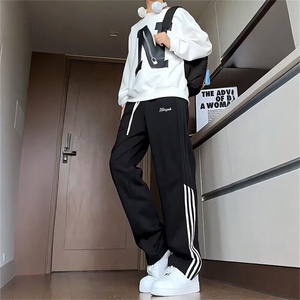 休闲运动裤男士2024春秋新款潮牌条纹直筒阔腿裤美式垂感百搭长裤图片