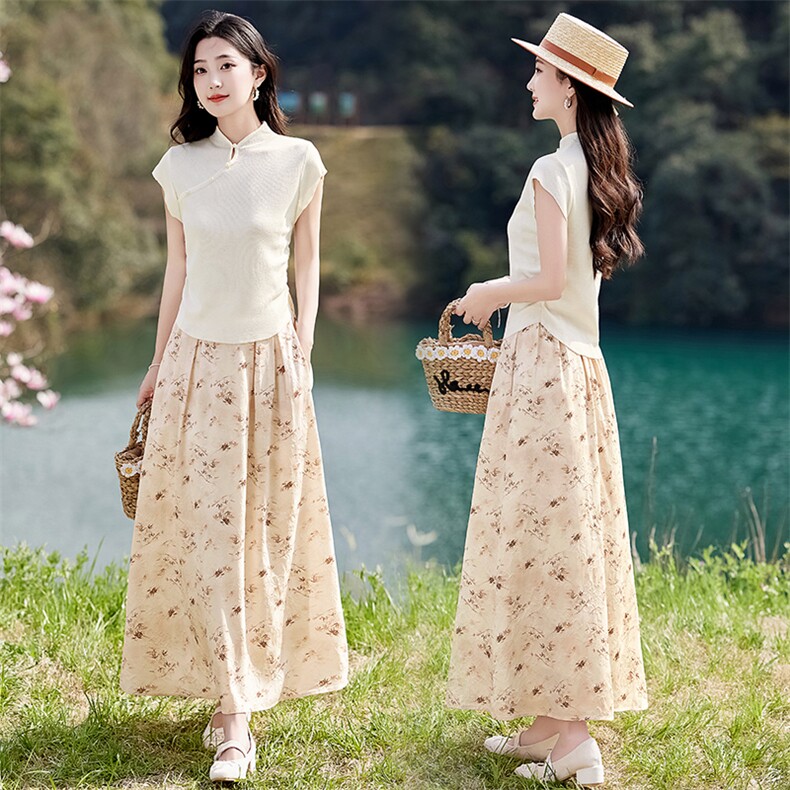 法式雪纺绿色碎花半身裙女2025夏季新款显瘦宽松高腰薄裙子,女装套装/套裙,魅丽静蓝