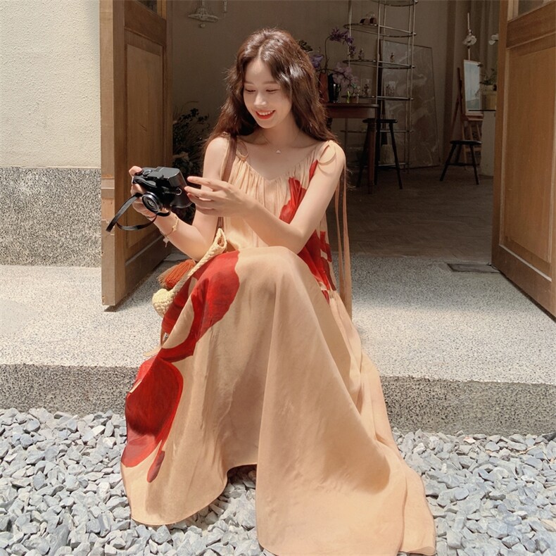 时髦浪漫简约印花连衣裙夏季2025新款甜美日系设计感高腰显瘦长裙,女装连衣裙,2C372