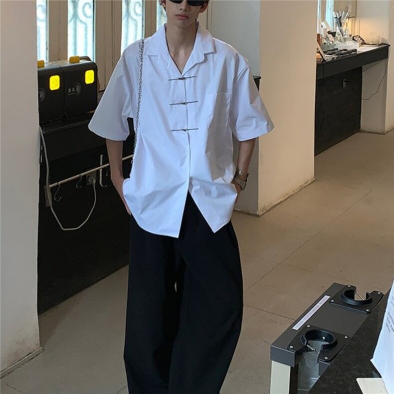 新中式男装风金属扣短袖衬衫男高级感民学生装衬衣薄款外套图片