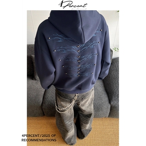 GC0758-P50网图复古钉珠刺绣设计连帽卫衣男女宽松休闲上衣帽衫图片