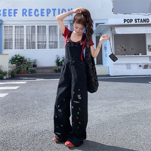 减龄短T恤刺绣牛仔背带裤套装女2025夏季新款学院风阔腿裤两件套图片