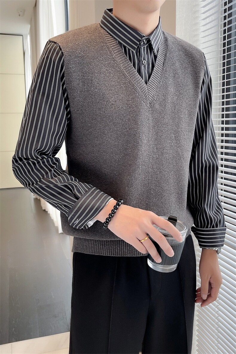 轻熟风~秋冬季假两件衬衫领毛衣男针织打底衫潮流修身衣服M01-P85,男装针织衫/毛衣,电商D323（原B261）