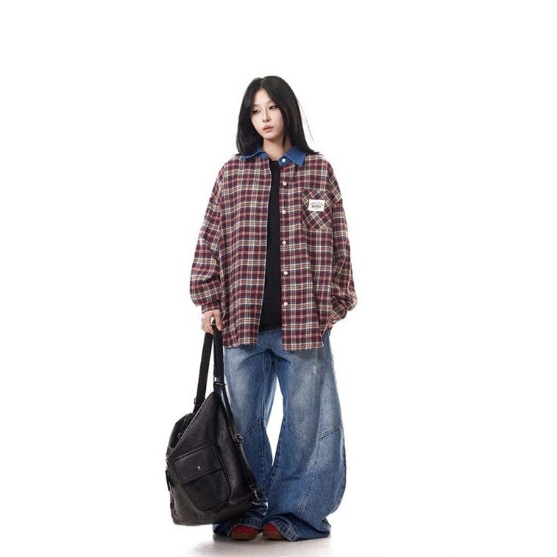 W9572-P45网图现货美式复古格纹宽松休闲长袖衬衫撞色衬衣外套,男装衬衫,星座1608-2