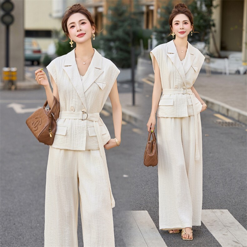2025夏季新款时尚套装女洋气设计感马甲阔腿裤西服两件套高级感，女装套装/套裙，布芭啦