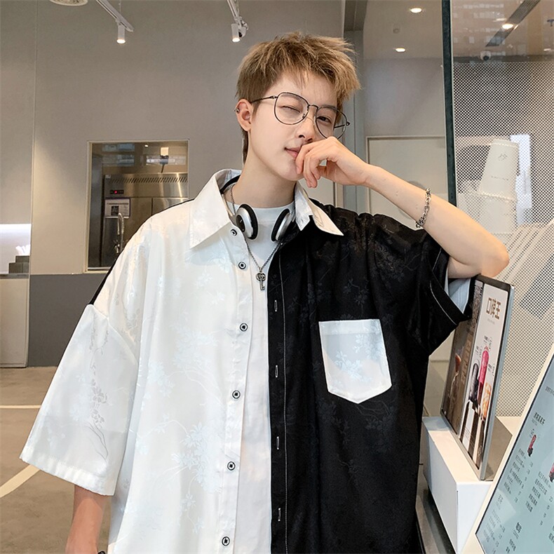 冰丝提花衬衫双拼色短袖港风休闲上衣XZ907-P30-控48，男装衬衫，星座907