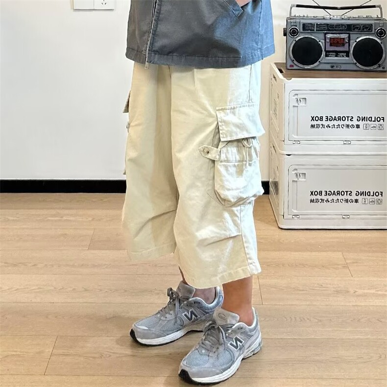 夏季日系复古水洗棉多口袋工装七分裤男女纯色宽松直筒过膝短裤潮,男装牛仔裤,星座506A