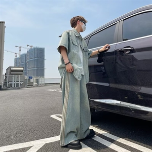 2024美式复古水洗三条杠牛仔外套短袖设计感牛仔套装TZ20-P98图片