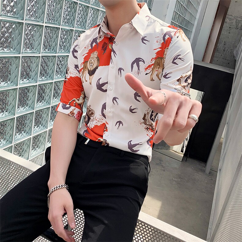 2021夏季社会风中袖花衬衫男士修身七分袖半袖衬衣A470-CS07，男装衬衫，电商A207